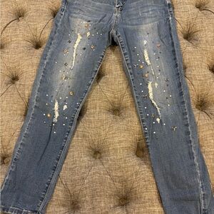 Seven7 Blue Distressed Skinny Jeans with Metallic Embellishments